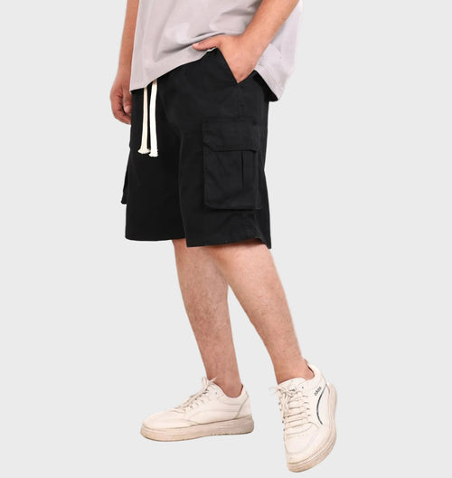 Black Gabardine Side Pocket Shorts
