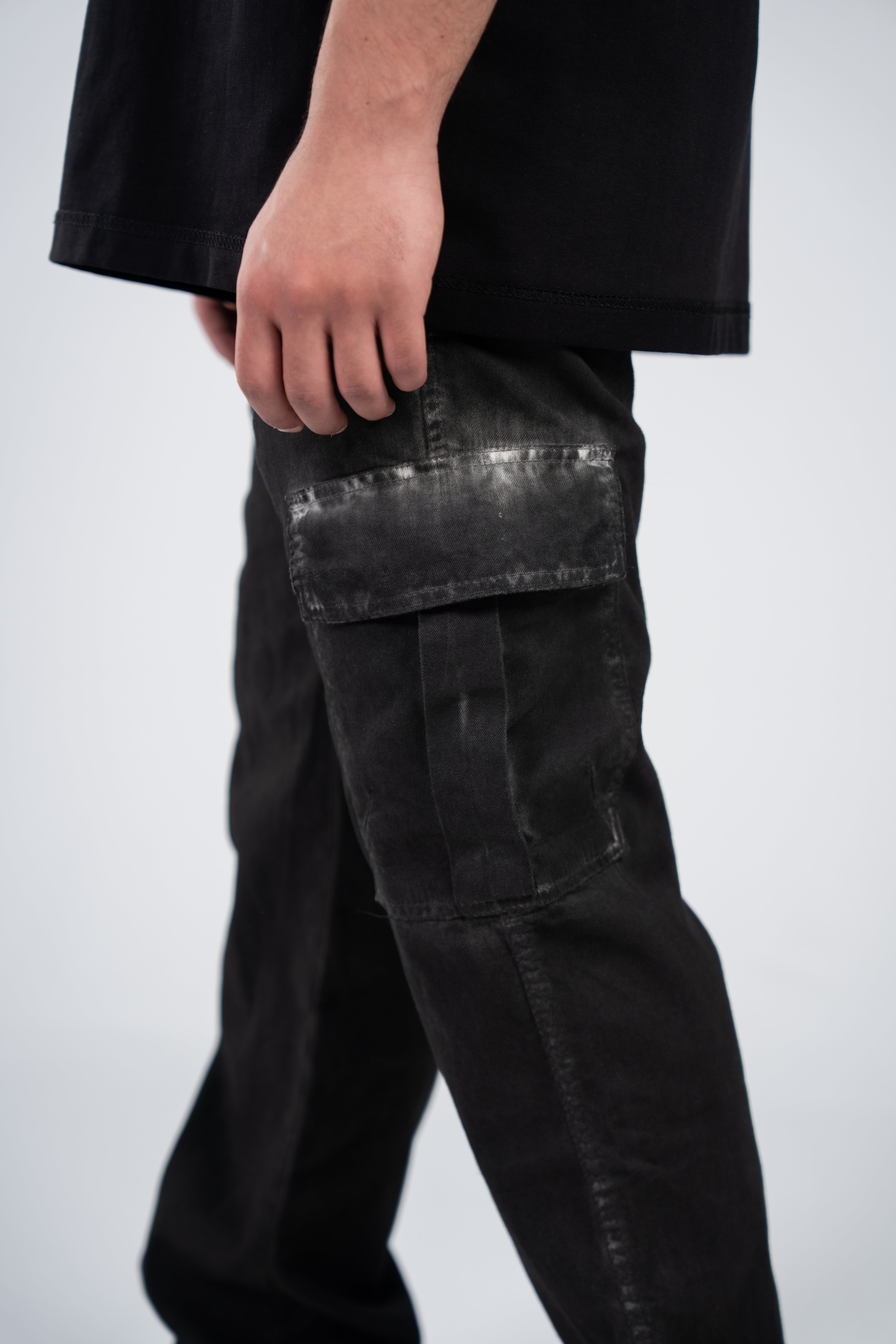 Greased Black Cargo Gabardine Pants