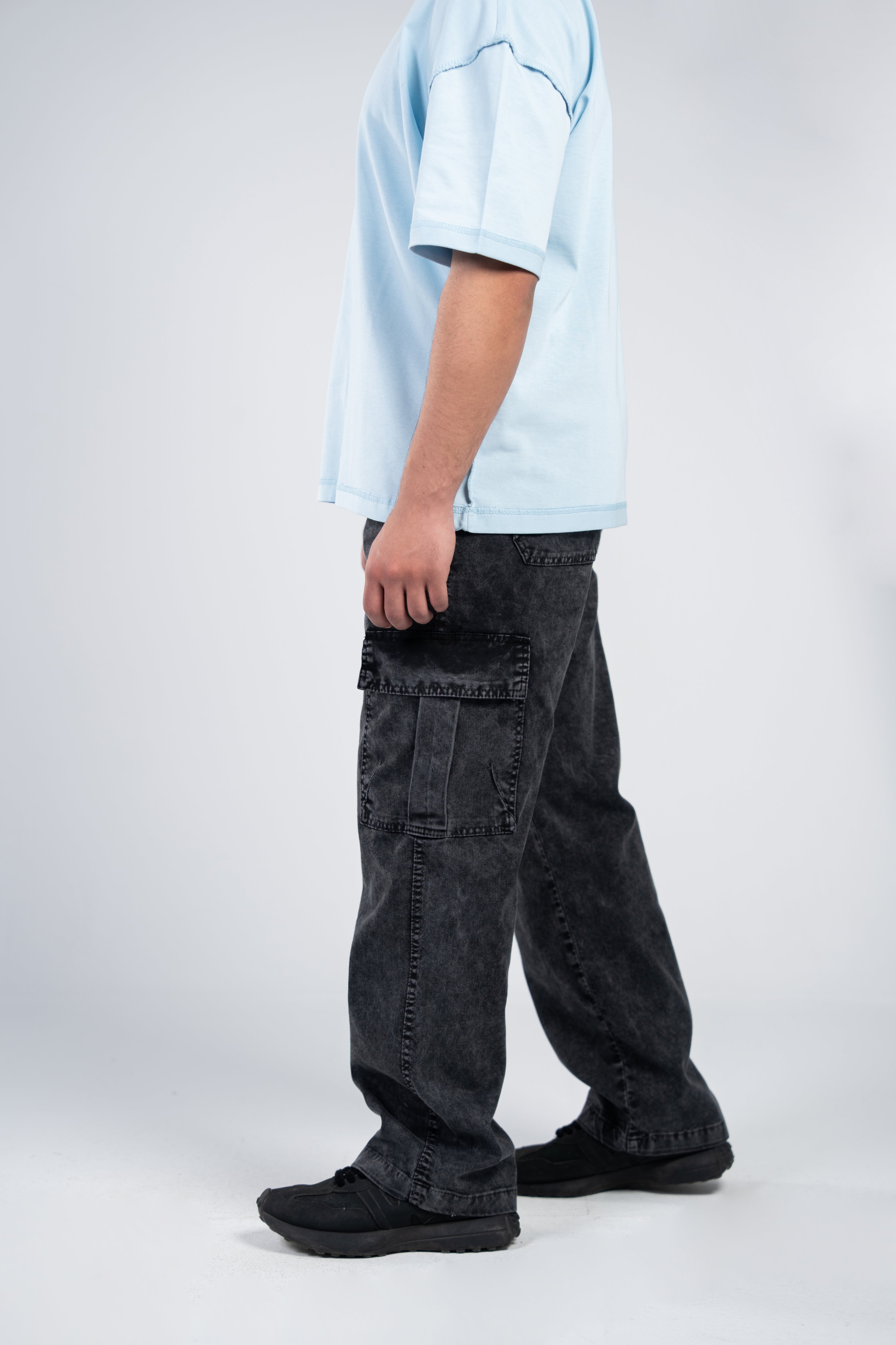 Stonewashed Black Cargo Gabardine Pants