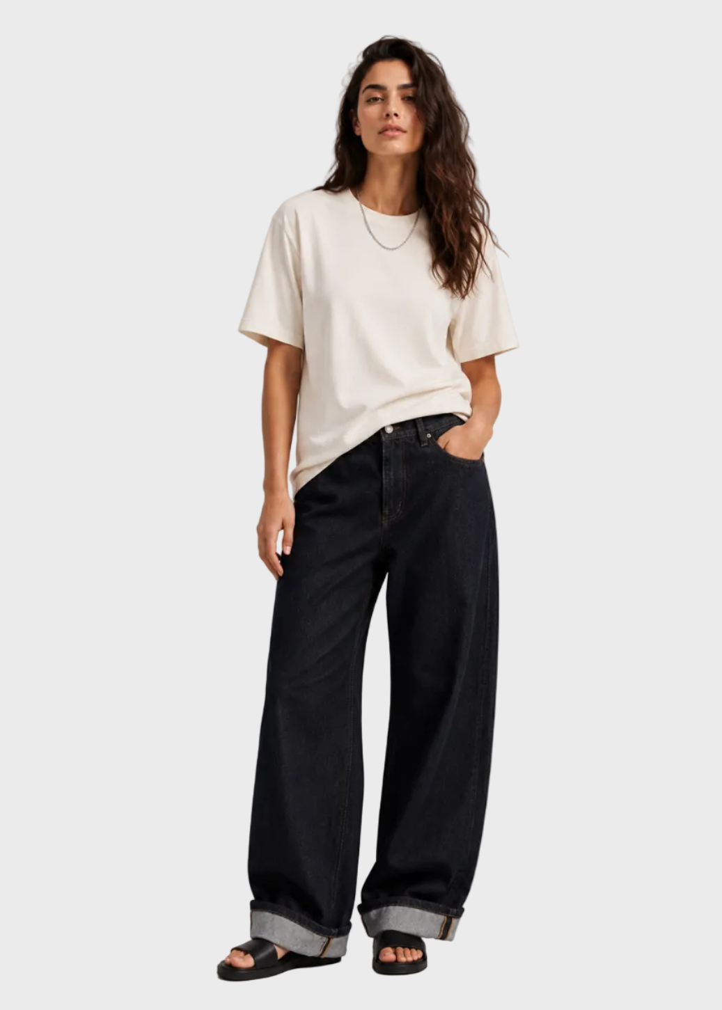 Raw Blue Mid-Waist Baggy Folded Jeans
